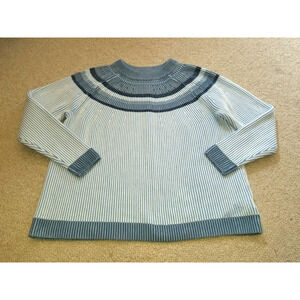 Womens Sweater-LANDS' END-DRIFTER-blue/white ribbed Fair Isle cotton pullover-M